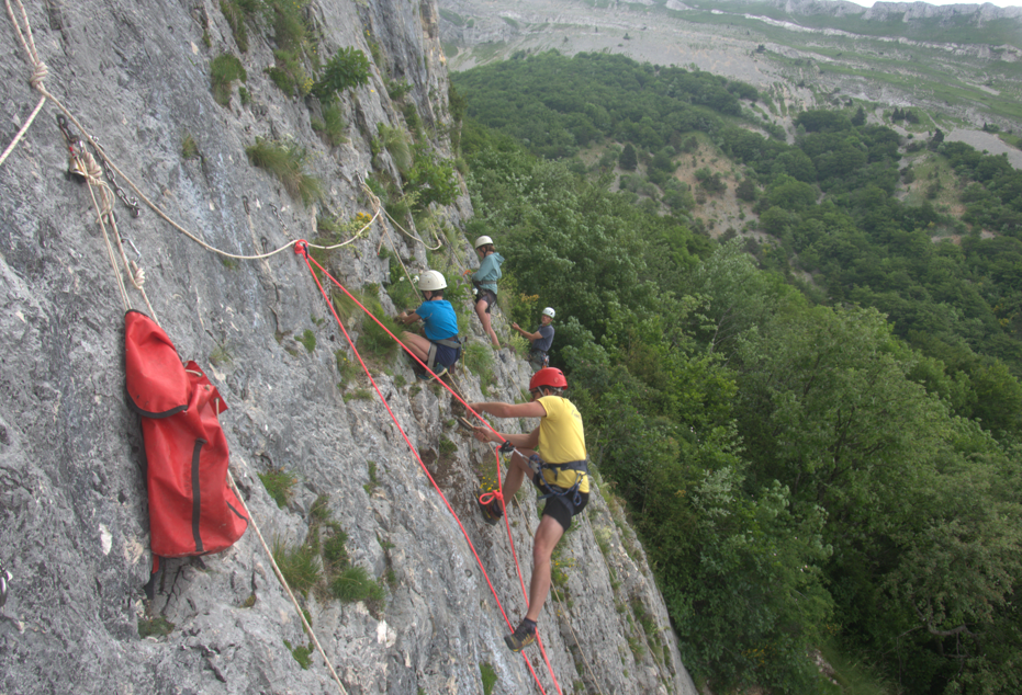 Sur une falaise, 4 personnes progressent à l'aide de cordes.