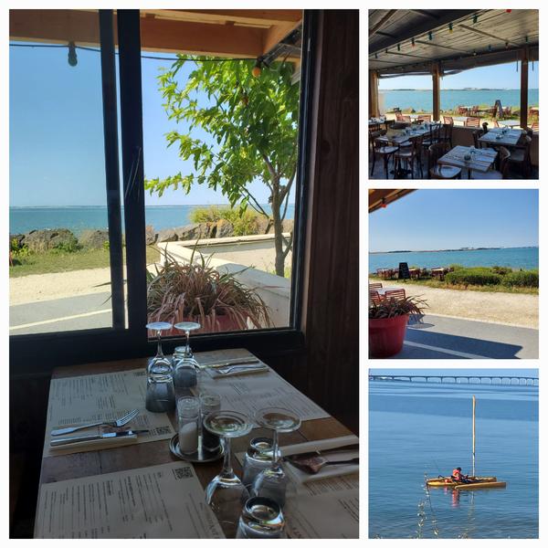 Une mosaique de photos du restaurant et de la vue sur l'océan.