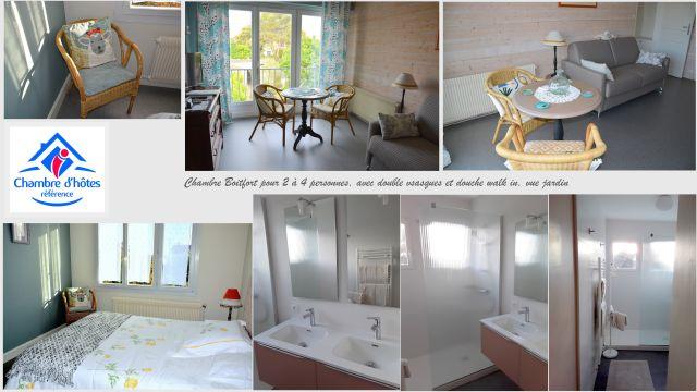 Un montage de différentes photos de la chambre d'hôtes.