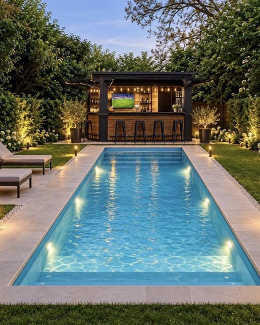 Une piscine privée de 3,5x7m, avec une profondeur constante de 1,40 m, est prévue pour le printemps 2027. Elle sera accessible de mai à septembre selon météo (photo illustrative du projet générée par intelligence artificielle)