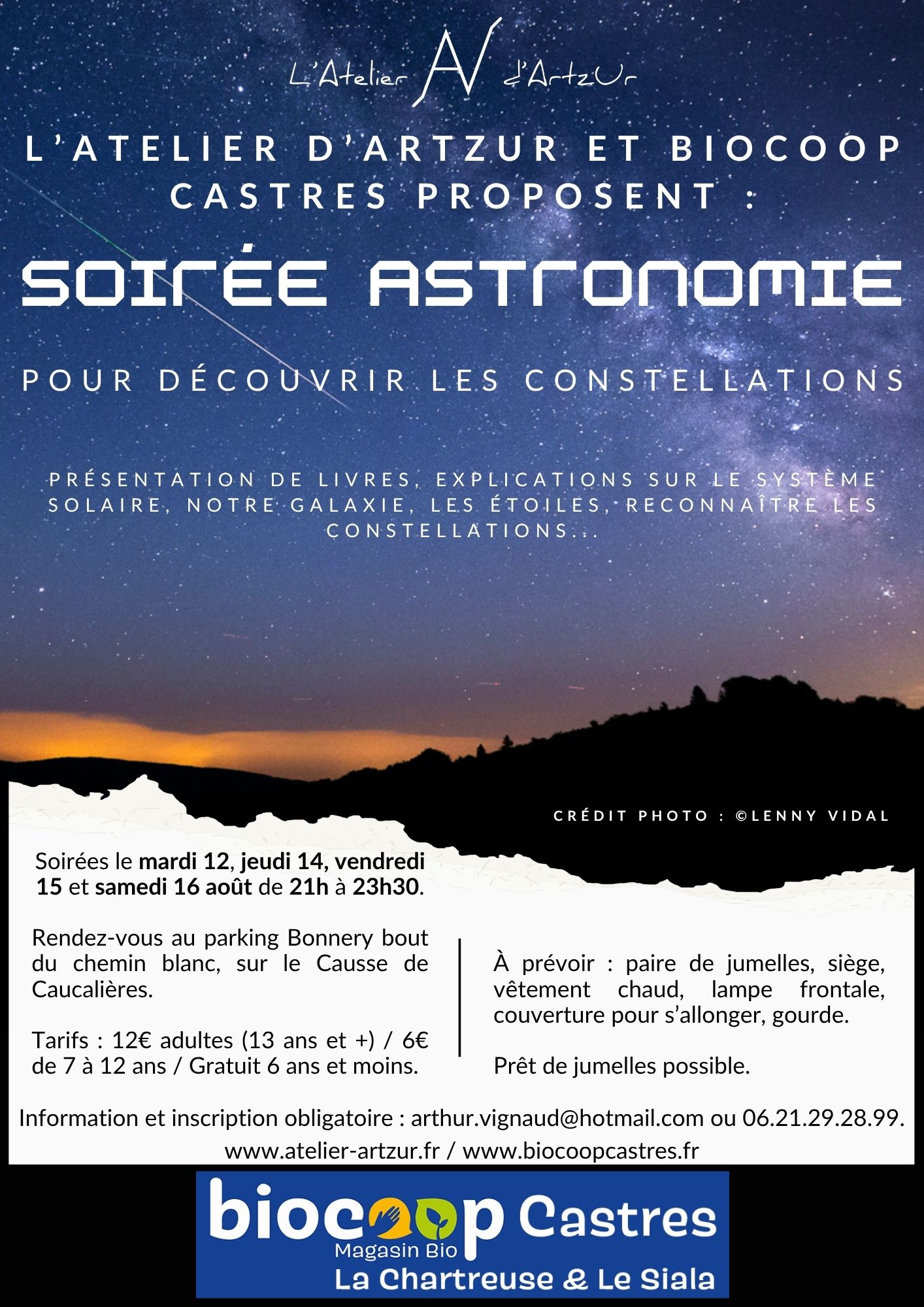 Affiche animation astronomie mardi 12, jeudi 14, vendredi 15 et samedi 16 août 2025