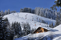 Return slope with traditional chalets and view of the Corne ski lift