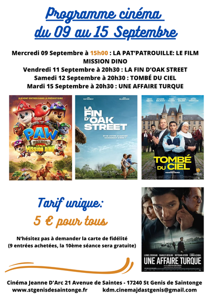 Programme Cinéma Saint Genis de Saintonge du 09 au 15 Septembre