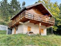 Vue de face du chalet en pierre et bois sur 2 étages, terrasse en bois et jardin, végétation