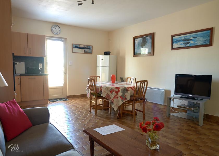 La pièce de vie avec table à manger, frigo, fauteuil, télévision