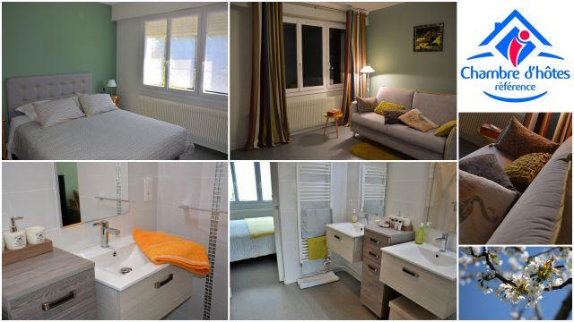 Un montage de différentes photos de la chambre d'hôtes.