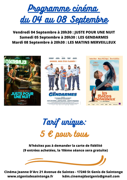 Programme Cinéma Saint Genis de Saintonge du 04 au 08 Septembre