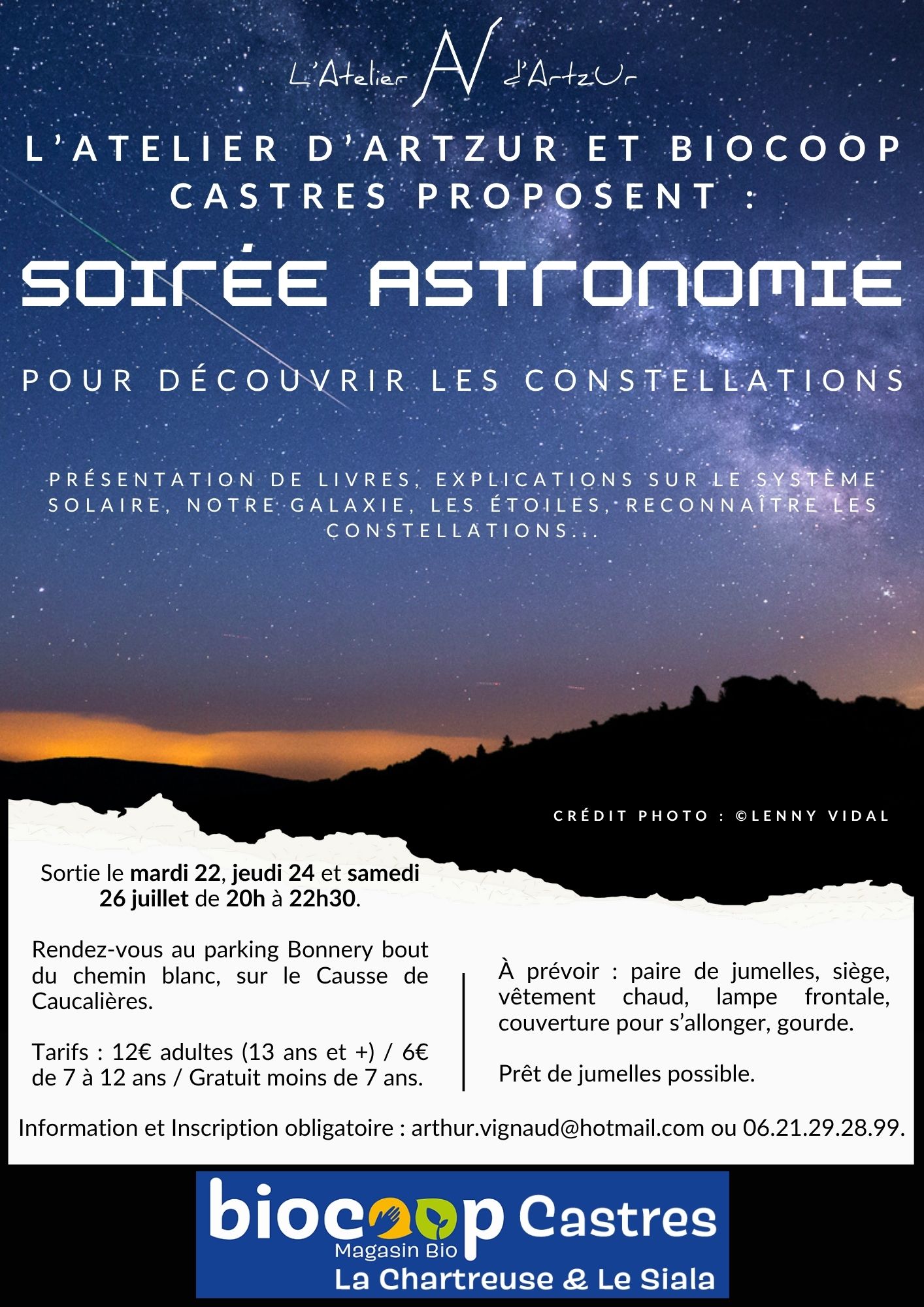 Affiche animation astronomie mardi 22, jeudi 24 et samedi 26 juillet 2025