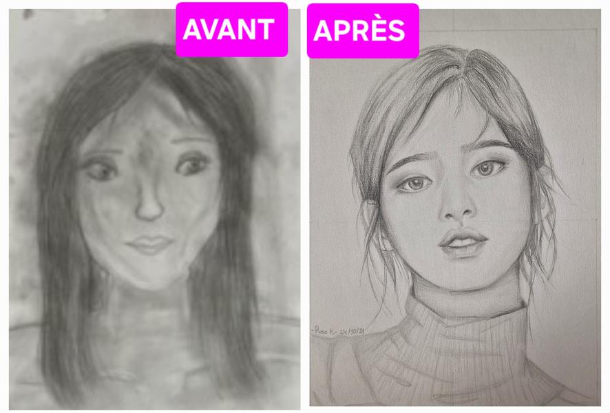 Les progru00e8s du2019une u00e9lu00e8ve montrant une ru00e9alisation avant son stage et apru00e8s son enseignement u00e0 lu2019Atelier carru00e9 du2019u2019Artu2019s