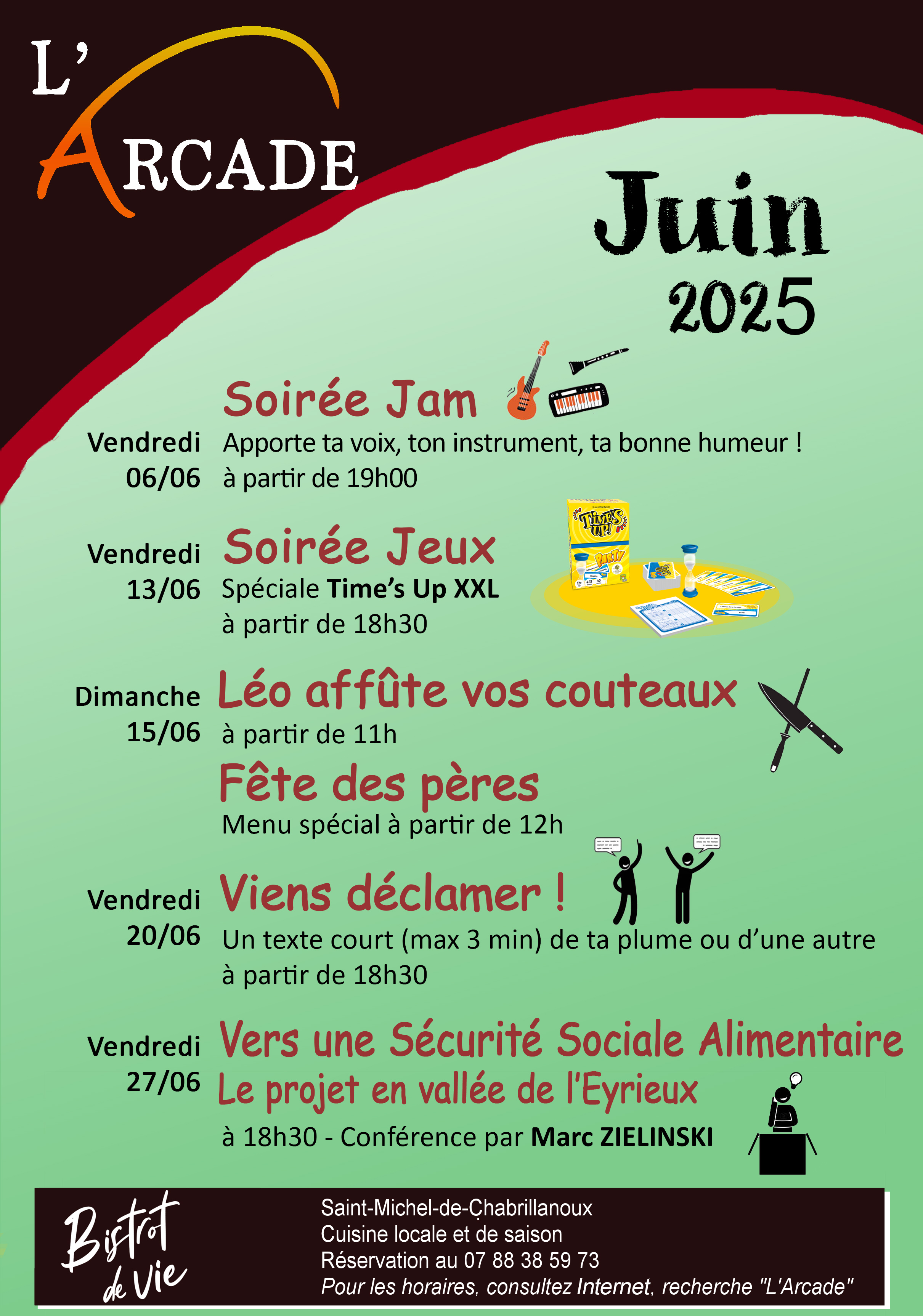 Affiche des animations au bar-restaurant L'Arcade en juin 2025
